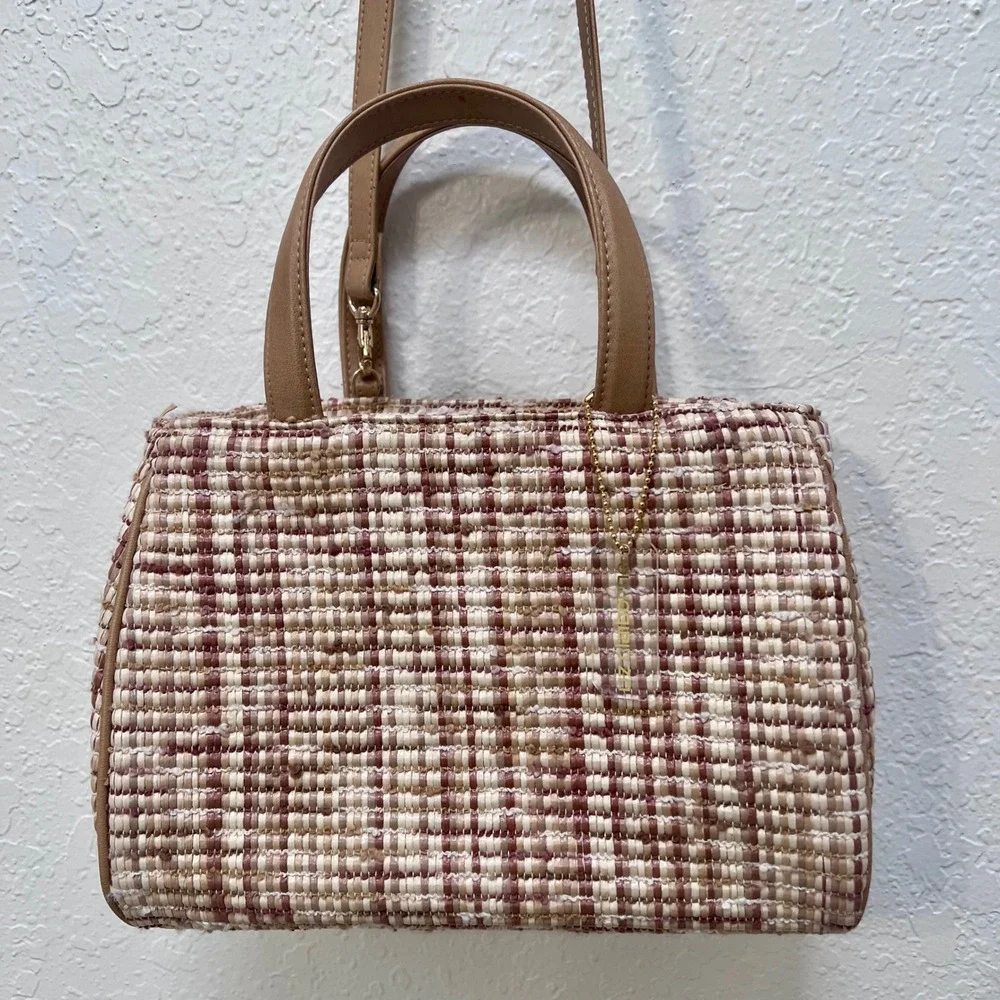 Liz Claiborne Woven Straw‎ Plaid Satchel Handbag Tan Crossbody Bag